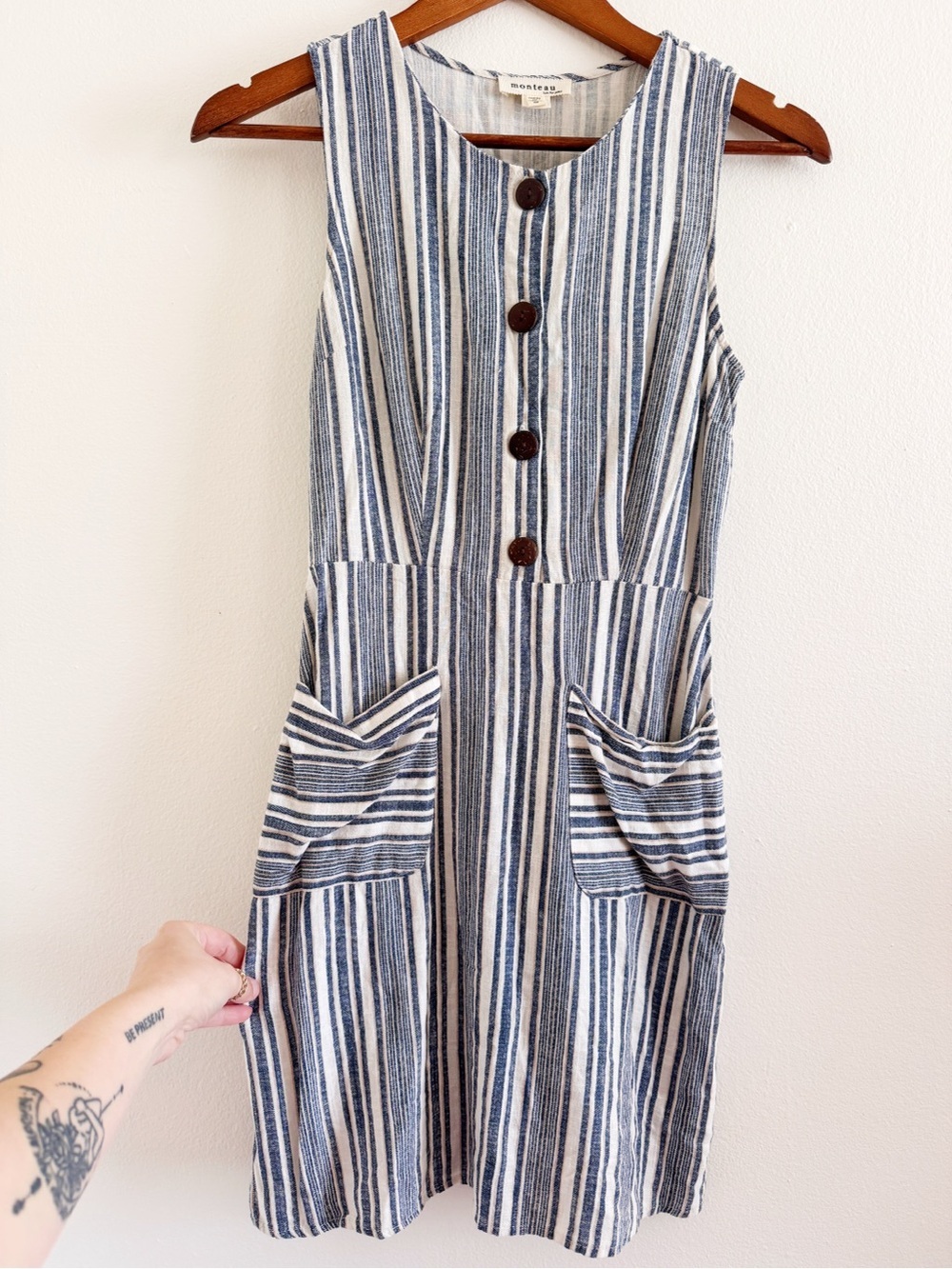 Monteau Blue and White Striped Sleeveless Midi with Front Pockets small